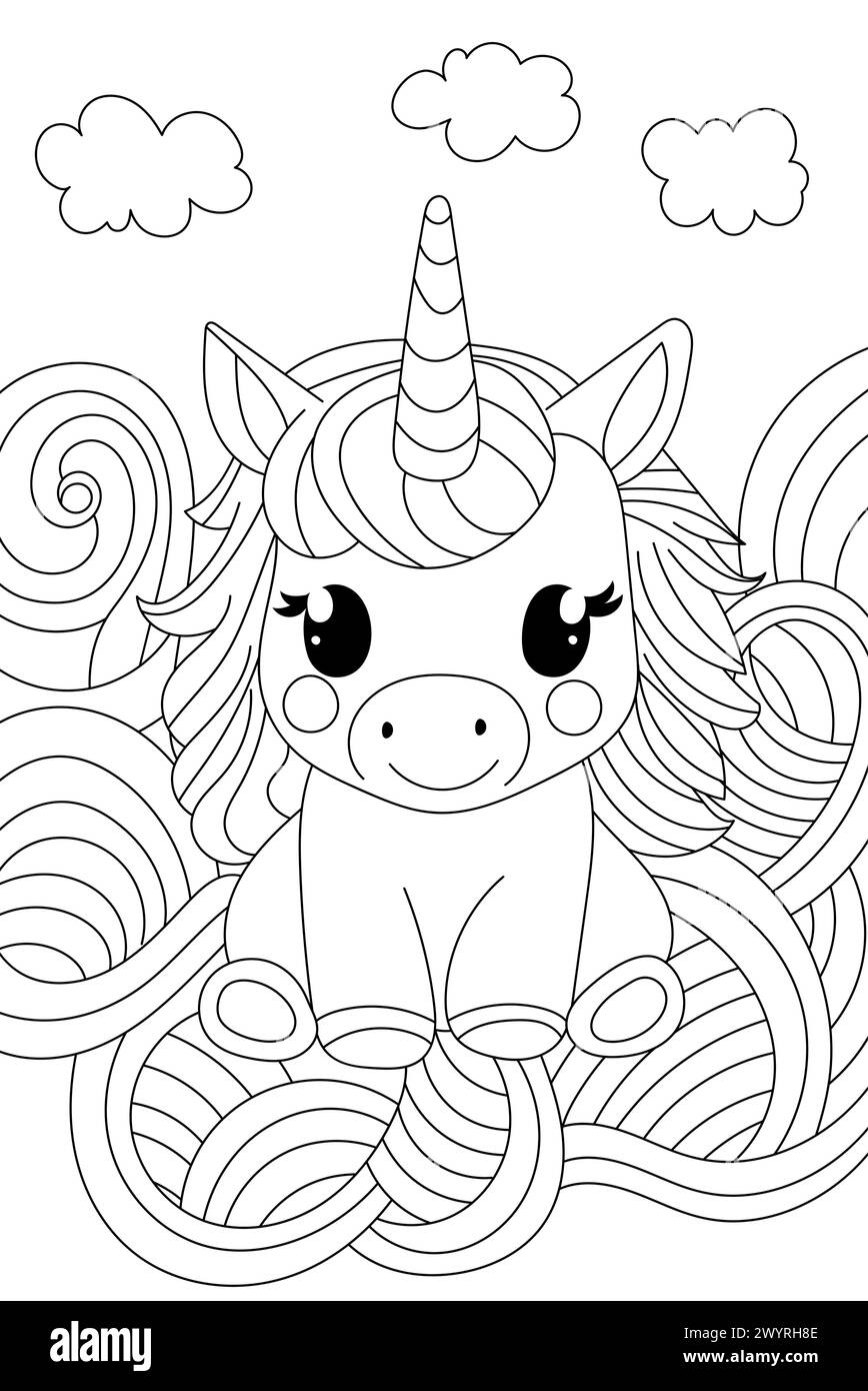 Unicorn in Clouds Coloring Page è perfetto per la creatività dei bambini Illustrazione Vettoriale