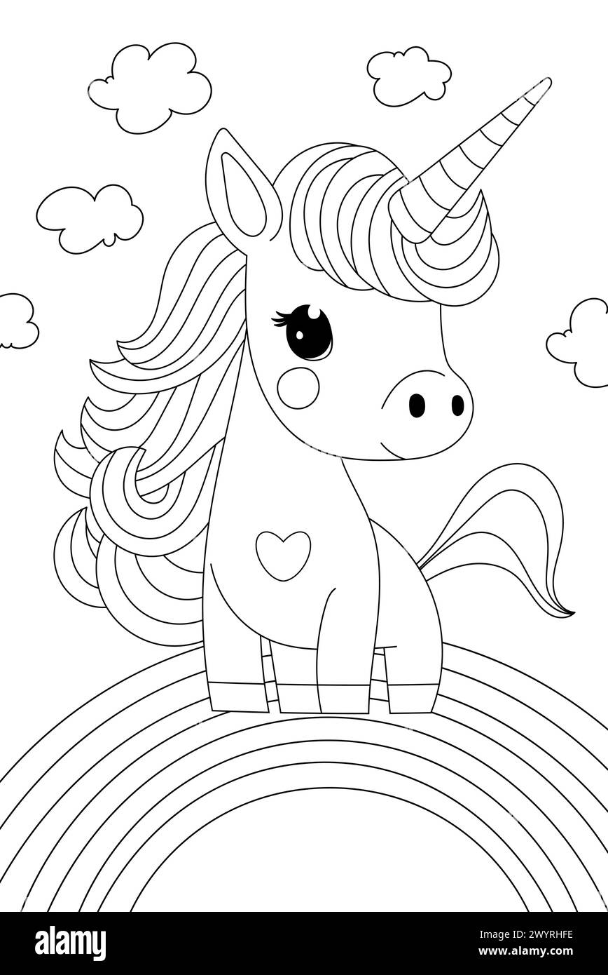 Unicorn on Rainbow Coloring Page è perfetto per la creatività dei bambini Illustrazione Vettoriale
