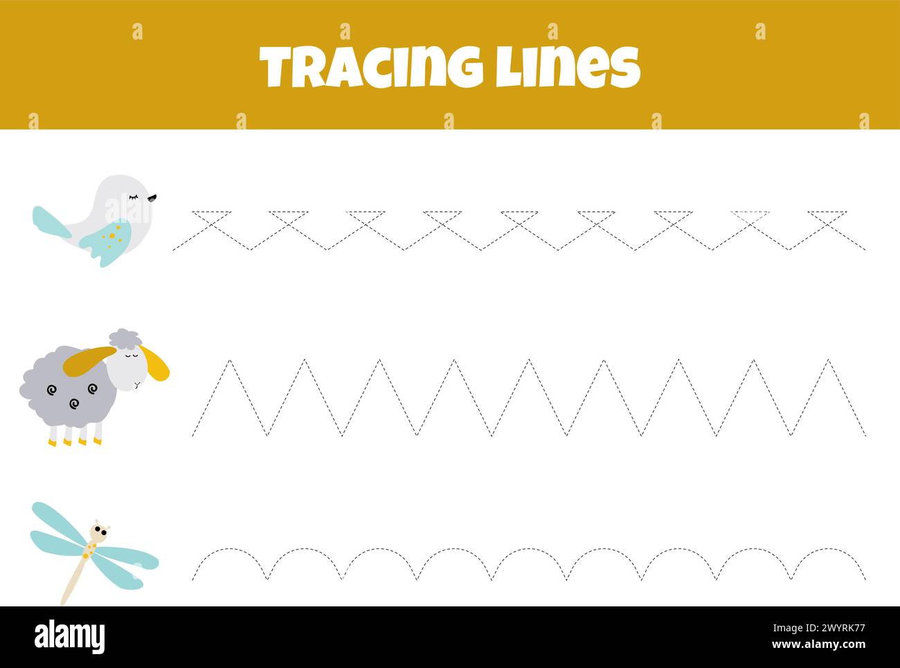 Outline the Line from the Bird, Sheep, and Dragonfly è Un foglio di lavoro per le linee di tracciamento per i bambini in età prescolare di 4-6 anni Illustrazione Vettoriale