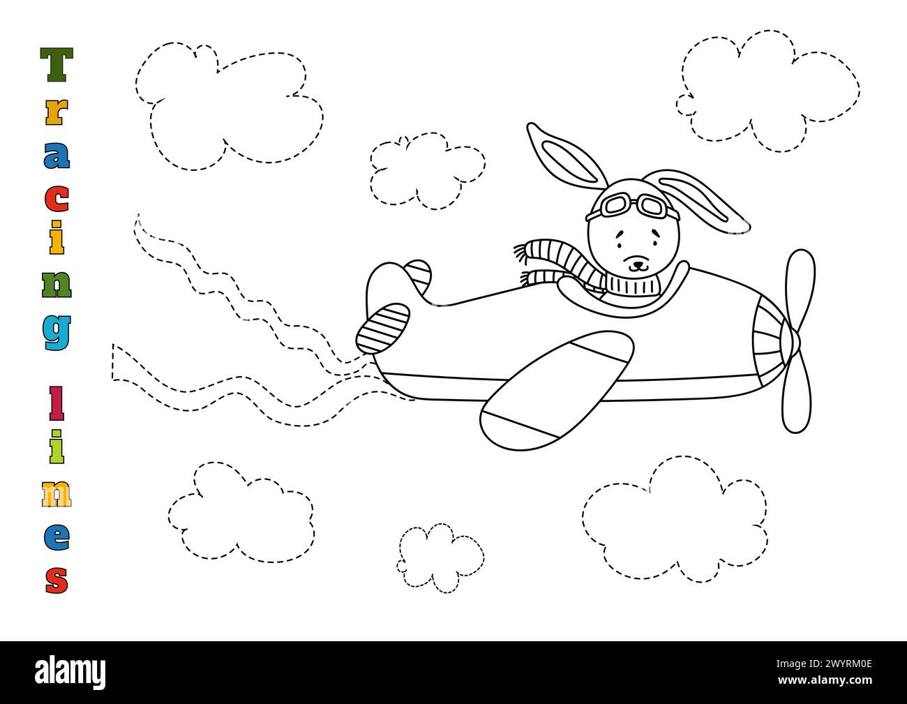 Delineare il contorno del cloud sul foglio di lavoro per i bambini in età prescolare di 4-6 anni per esercitarsi con il tracciamento delle linee Illustrazione Vettoriale