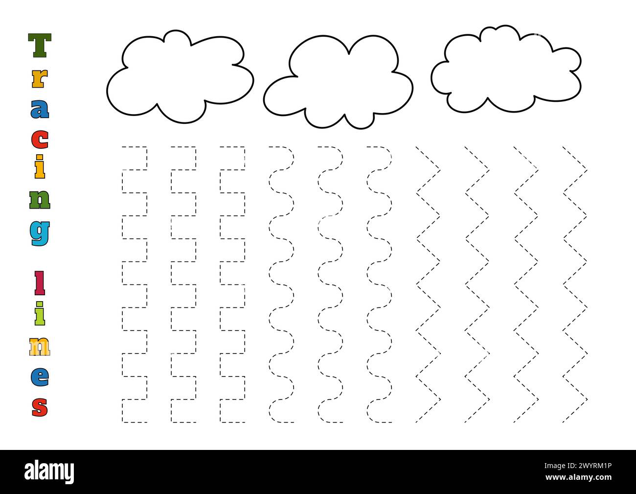 Outline the Rain Lines from the Clouds è Un foglio di lavoro per le linee di tracciamento per i bambini in età prescolare di 4-6 anni Illustrazione Vettoriale