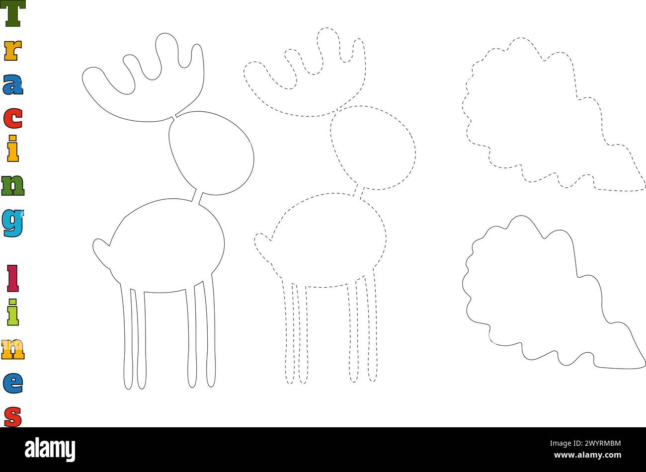 Delineare la foglia di cervo e quercia nel foglio di lavoro per le linee di tracciamento per i bambini in età prescolare di 4-6 anni Illustrazione Vettoriale