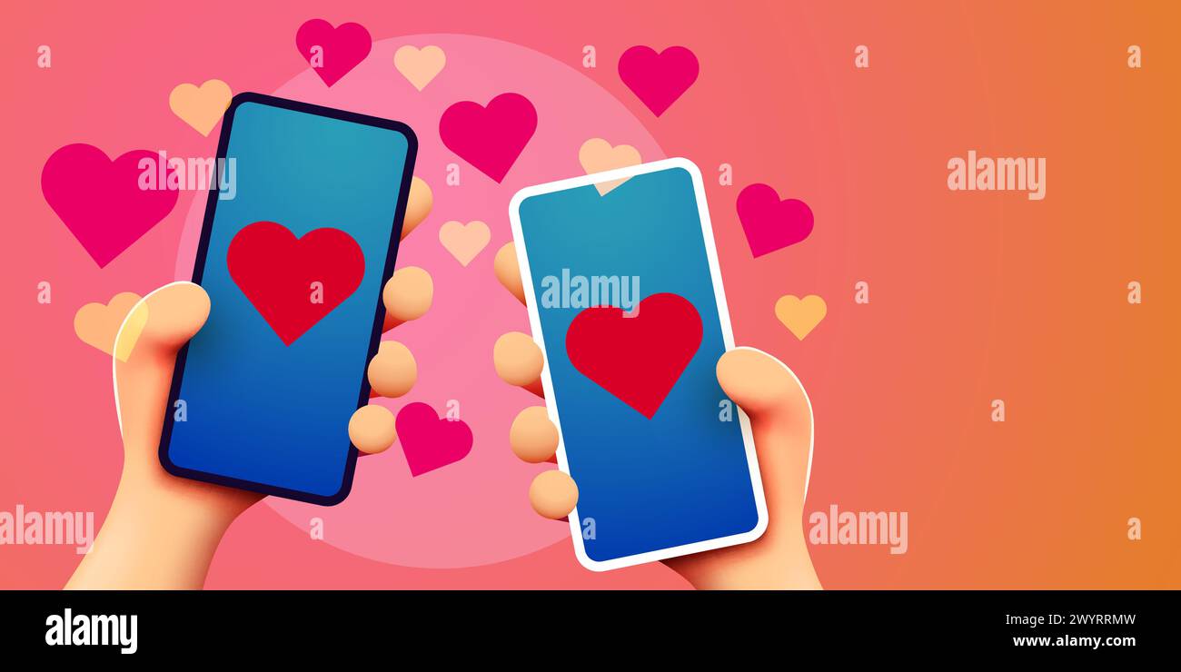 Carino cartone animato con le mani che reggono lo smartphone mobile con le icone Hearts. Illustrazione vettoriale Illustrazione Vettoriale