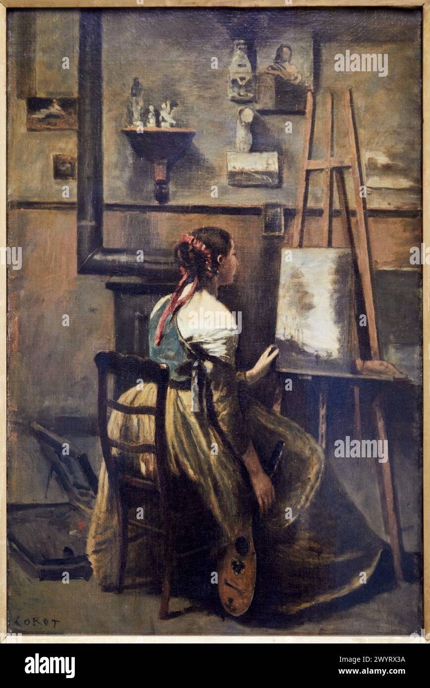 L'Atelier de Corot. Jeune femme assise devant un chevalet', 1865-1870, Camille Corot, 1796-1875, Musée du Louvre, Parigi, Francia, Europa Foto Stock