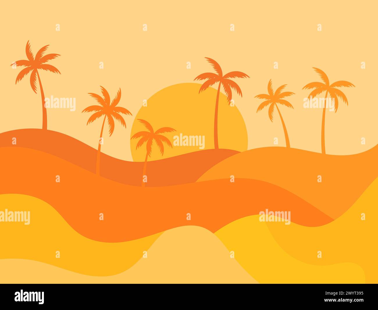 Paesaggio desertico con palme e dune di sabbia. Sagome di palme all'alba nel deserto. Paesaggio ondulato con dune di sabbia. Progettazione per la stampa, Illustrazione Vettoriale