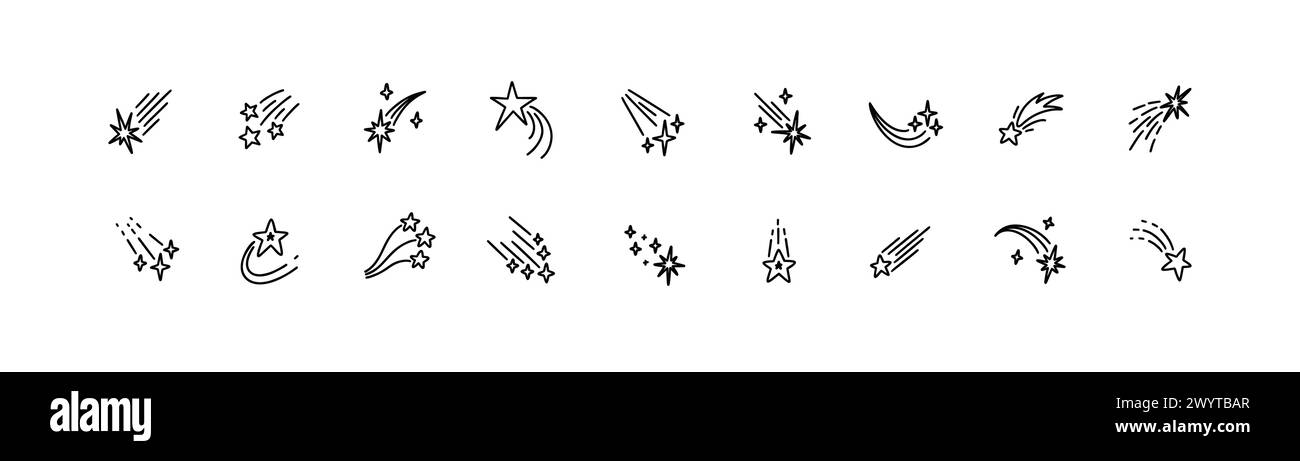 Set di comete per scarabocchi. Stelle cadenti disegnate a mano. Disegno del cielo notturno. Semplici icone di linea cosmica. Sparare meteoriti spaziali. Coda di asteroidi. Pastello, inchiostro Illustrazione Vettoriale