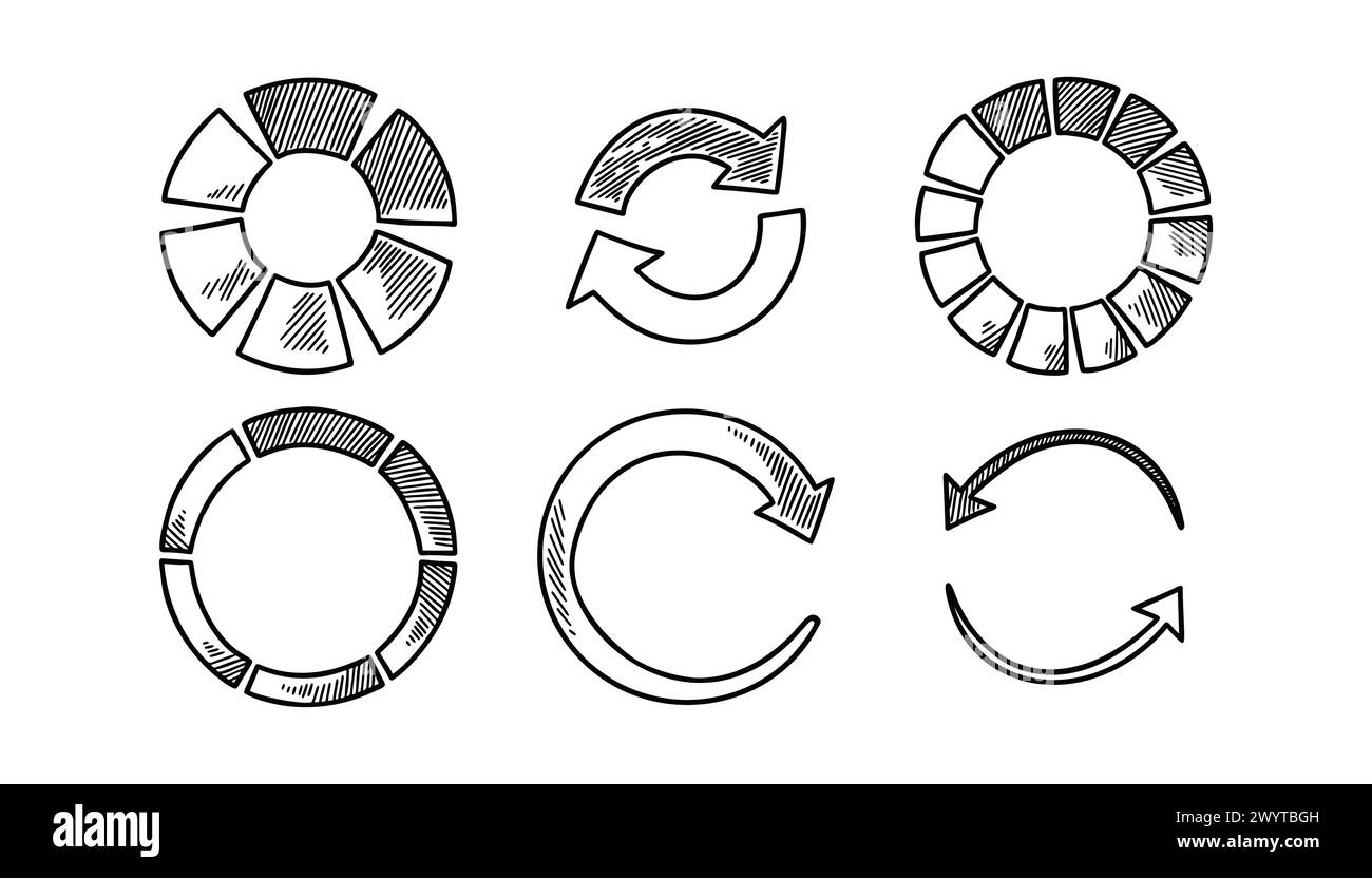Set di cerchi di carico in stile doodle. Icona di download dello schizzo. Infografica dell'interfaccia utente Progress. Simbolo di riciclaggio. Grafico statistico del diagramma a torta. Illustrazione Vettoriale