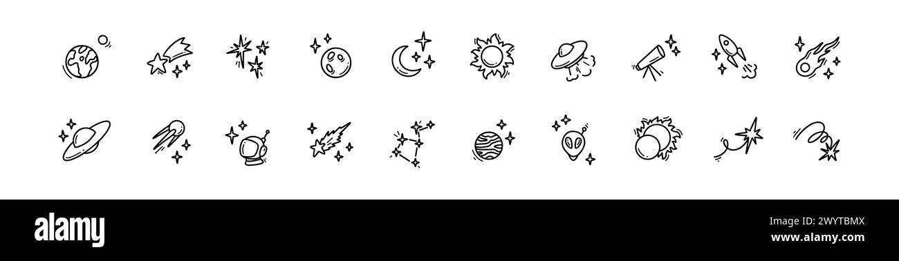 Set di icone cosmiche nello spazio esterno Doodle. Pianeti, costellazione, veicoli spaziali, razzi disegnati a mano, illustrazione lineare. Stelle cadenti e comete. Nave aliena. Illustrazione Vettoriale