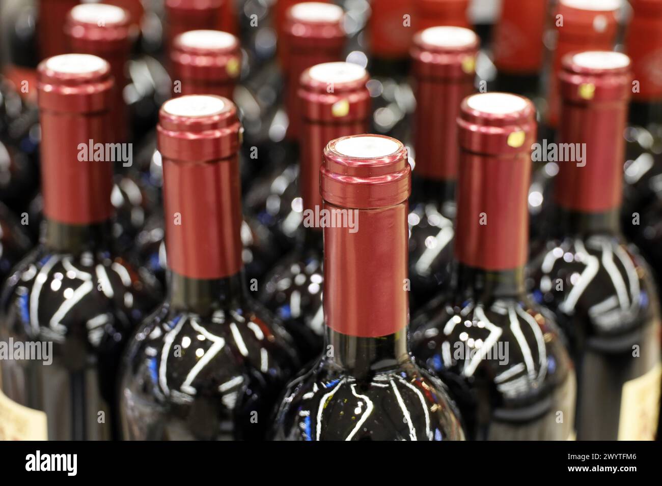 Bottiglie di vino di fila, attenzione selettiva. Negozio di liquori, produzione di vino rosso e vendita al dettaglio Foto Stock