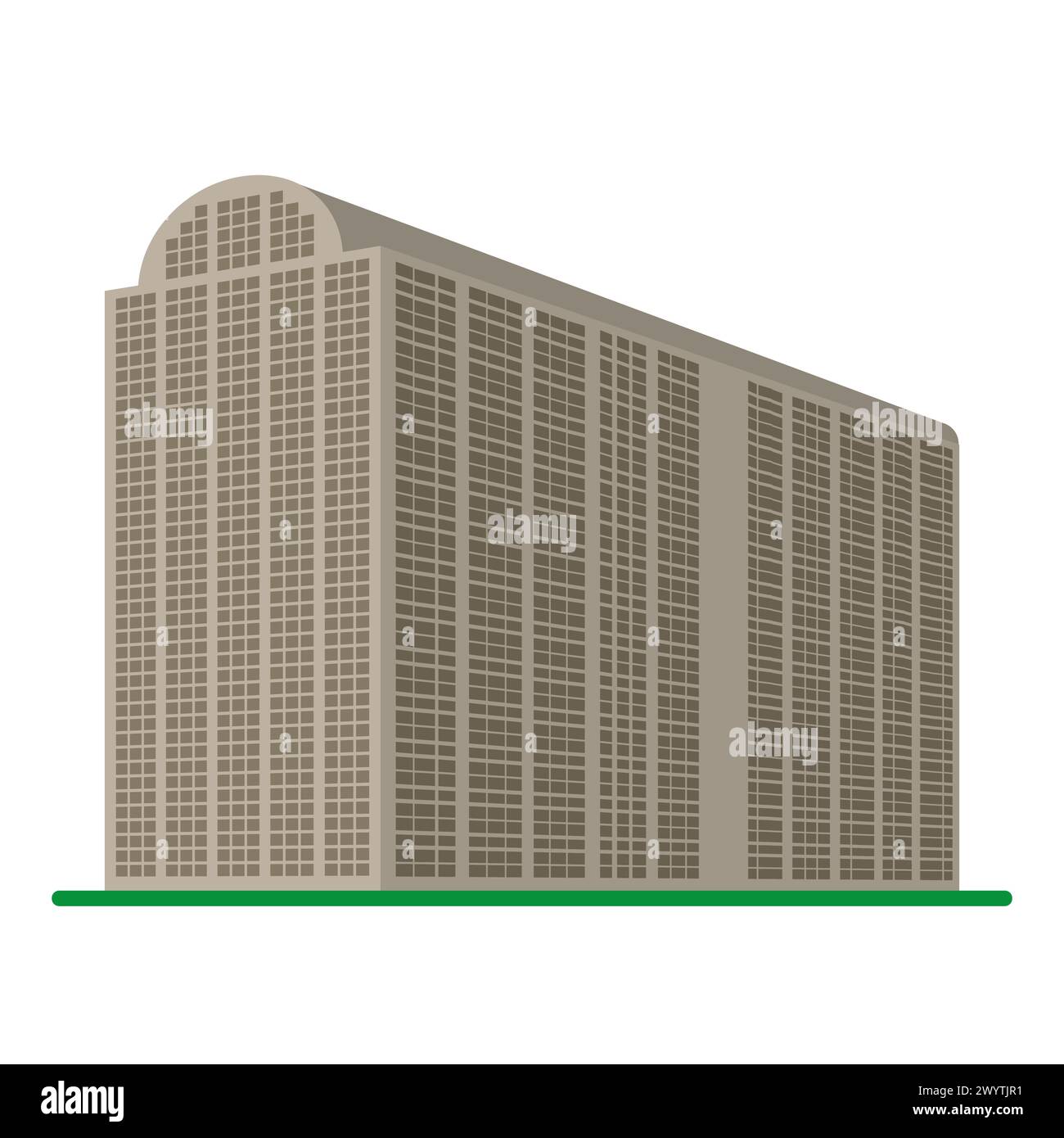 Un alto e moderno edificio su sfondo bianco. Vista dell'edificio dal basso. Illustrazione vettoriale isometrica. Illustrazione Vettoriale