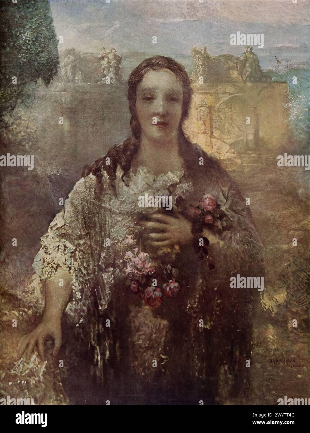 In una villa alta Italia,' creata da Raffael Schuster-Woldan datata circa 1943. Il dipinto presenta una figura femminile elegantemente vestita con la villa stessa che funge da sfondo pittoresco. Questo dipinto cattura il fascino e l'atmosfera raffinata della società italiana superiore, sottolineando la grazia e la raffinatezza che caratterizzano tali ambienti. Foto Stock