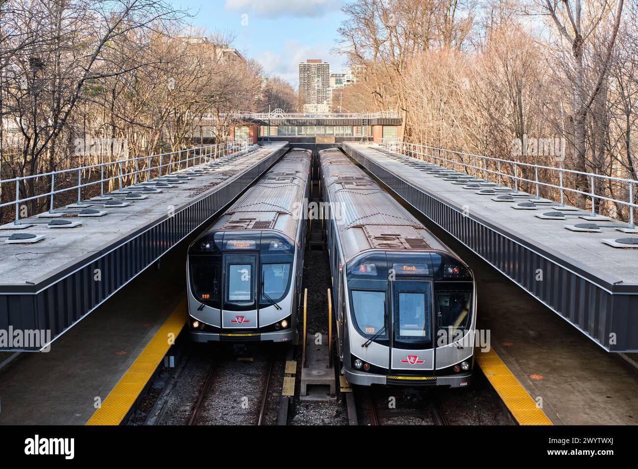 Due treni TTC della linea 1 all'interno della stazione della metropolitana. Le metropolitane trasportano gran parte degli spostamenti in città qui a Toronto. Foto Stock
