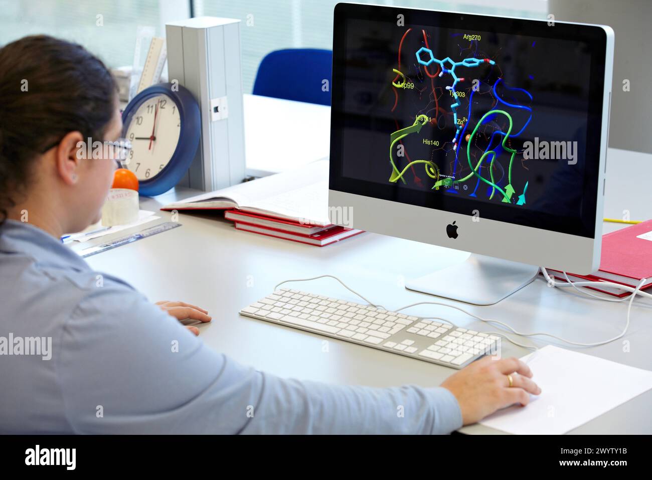 Attracco, modello computazionale 3D per simulare la dinamica molecolare delle proteine per sviluppare nuovi farmaci, laboratorio di ricerca, laboratorio di ricerca IkerChem, progettazione e sintesi di nuove entità chimiche con applicazioni terapeutiche in oncologia, scoperta e sviluppo di nuovi farmaci per il trattamento del cancro, San Sebastian Technology Park, Miramon, Donostia, Gipuzkoa, Euskadi, Spagna. Foto Stock