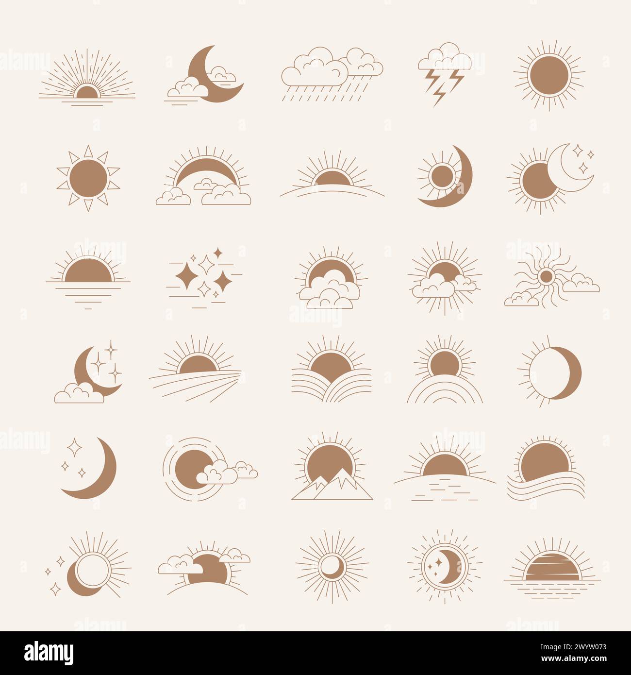 Il sole sorge. Etichette o set di logo con le raccolte di pittogrammi vettoriali di giorno e notte recenti per progetti di design di etichette Illustrazione Vettoriale