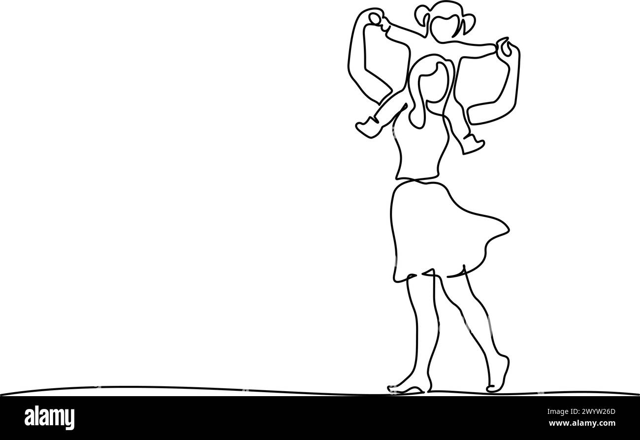 Madre felice con figli figlia sulle spalle. Una linea continua Illustrazione Vettoriale