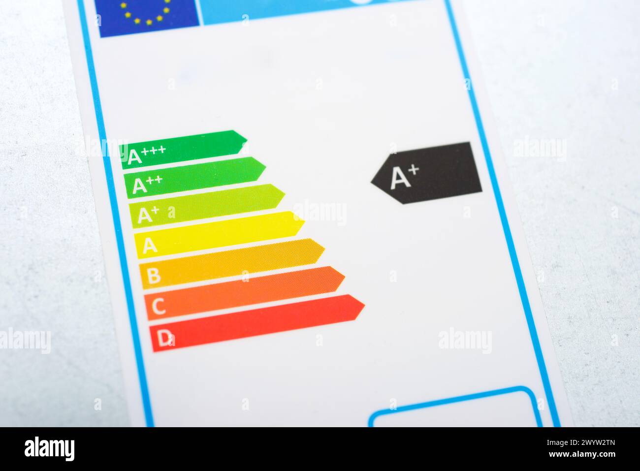 Primo piano dell'etichetta UE che indica l'efficienza energetica di un apparecchio domestico Foto Stock
