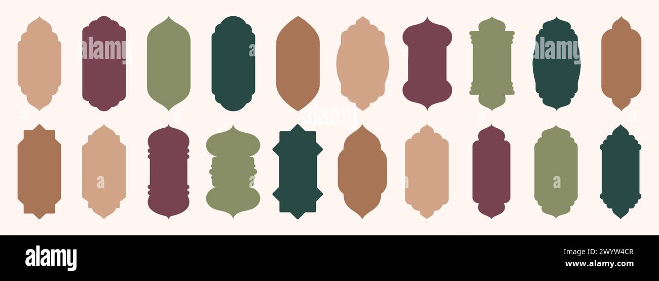 Porta arabesca a forma islamica o sagoma della finestra arco arabo. Raccolta di motivi in stile orientale. Cornici in stile arabo musulmano per il Ramadan Illustrazione Vettoriale