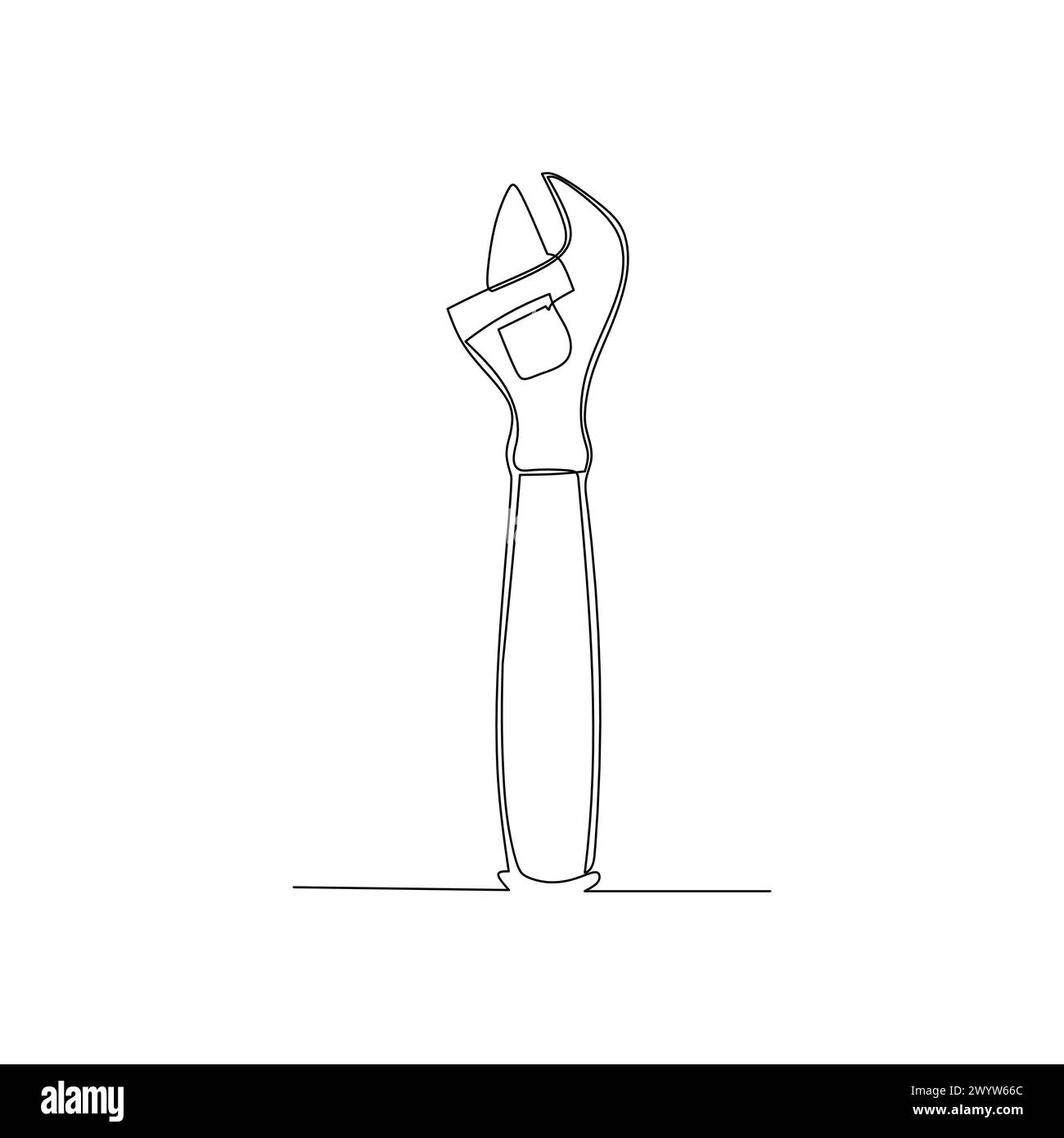 Disegno linea continua chiave variabile. Utensile domestico per il taglio del legno. Semplice elemento di design vettoriale disegnato a mano. Illustrazione per applicazioni industriali e Illustrazione Vettoriale