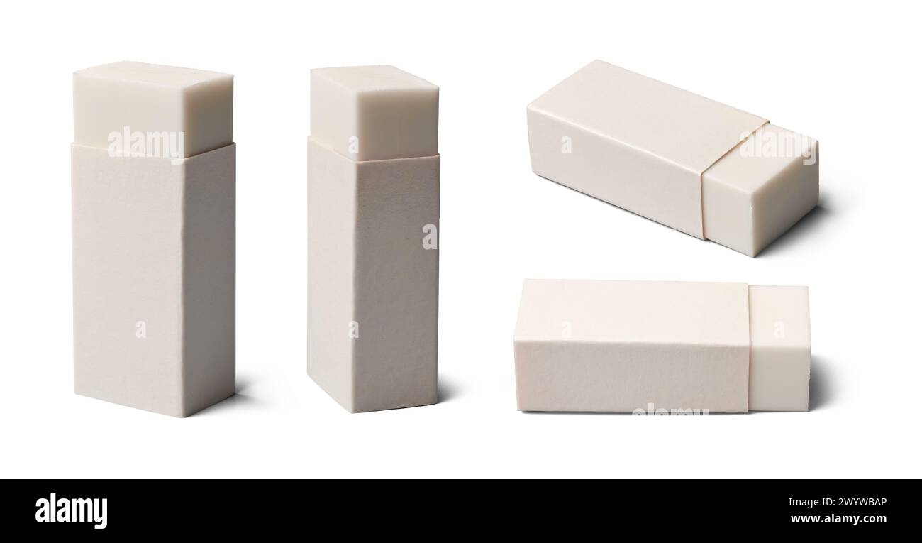 set di gomme in gomma su sfondo bianco isolato, tradizionali gomme a blocchi rettangolari realizzate in gomma naturale con diversi angoli di cancelleria Foto Stock