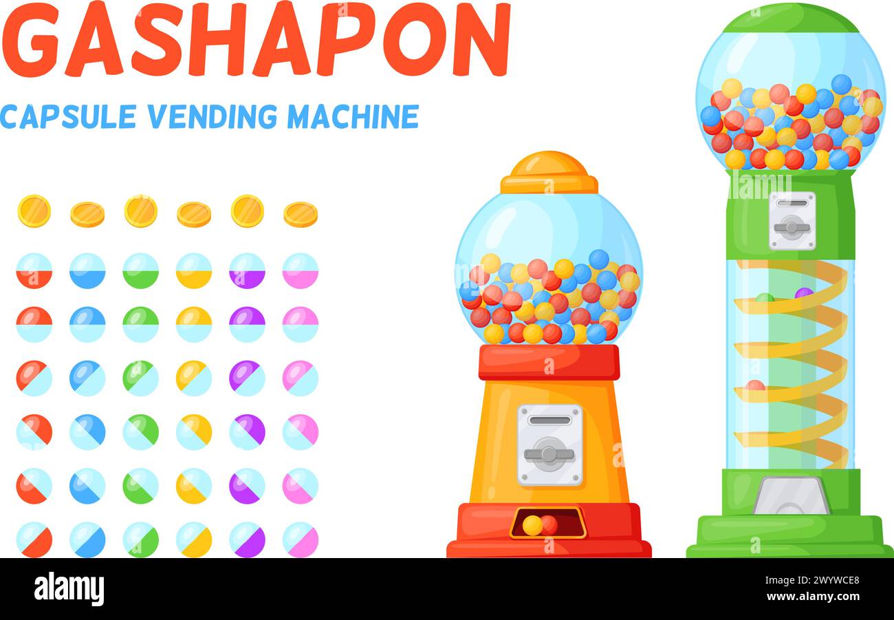 Macchine per capsule Gachapon con contenitore di plastica giocattolo per bolle, distributore automatico di gomme da masticare palla al caramello per gomma da masticare dolci rari caramelle portafortuna illustrazione di gachapon di caramelle per bolle Illustrazione Vettoriale