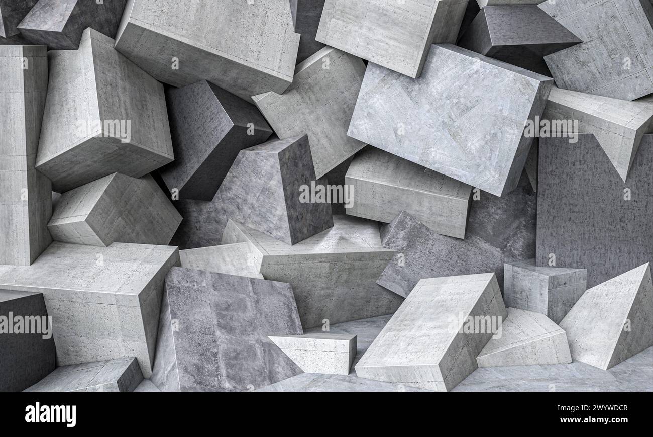 blocchi geometrici in calcestruzzo 3d che creano uno sfondo astratto dinamico Foto Stock