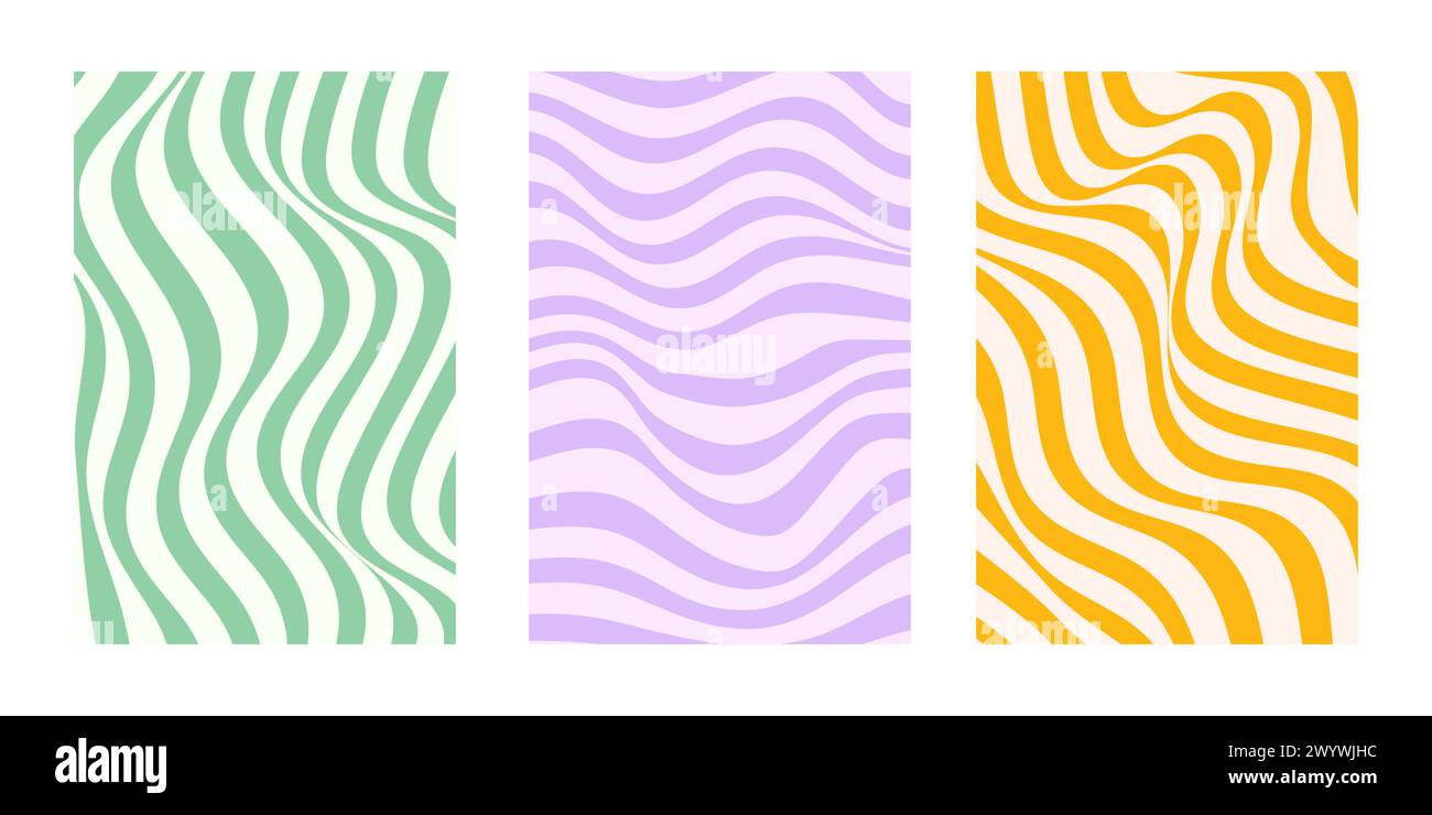 Sfondi scanalati astratti. Sfondi verticali hippie. Estetica Y2K. Design intrecciato in giallo e viola. Vettore psichedelico retrò Illustrazione Vettoriale