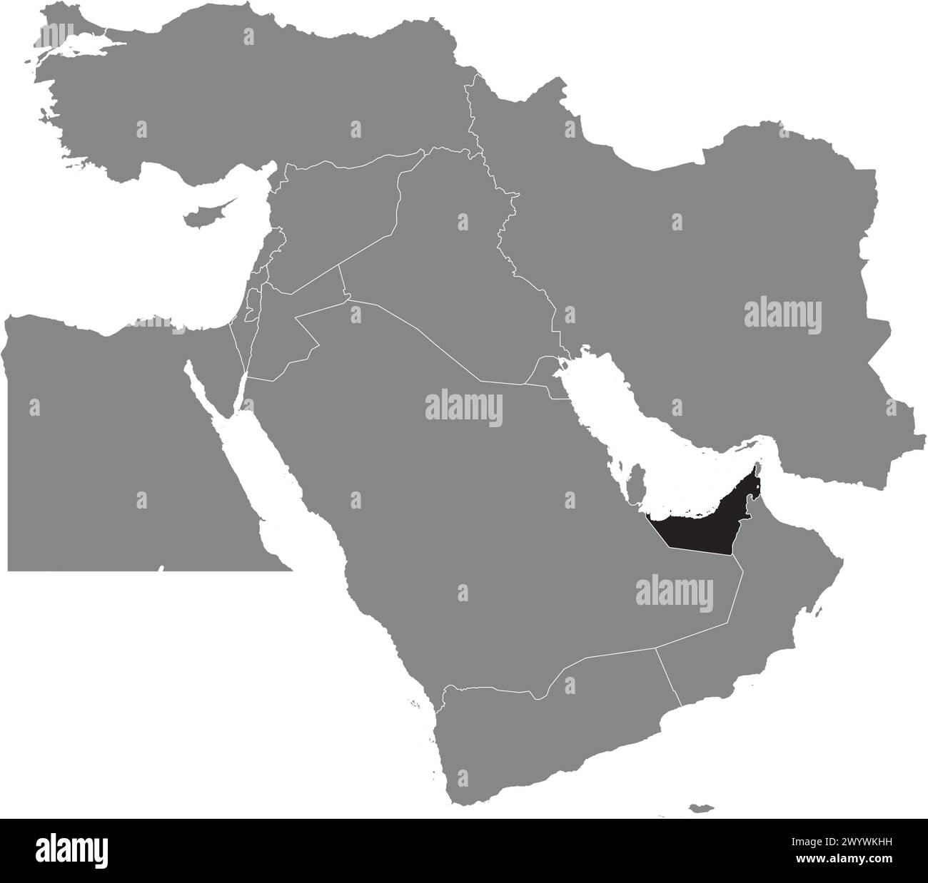 Mappa nera degli EMIRATI ARABI UNITI all'interno della mappa grigia del Medio Oriente Illustrazione Vettoriale