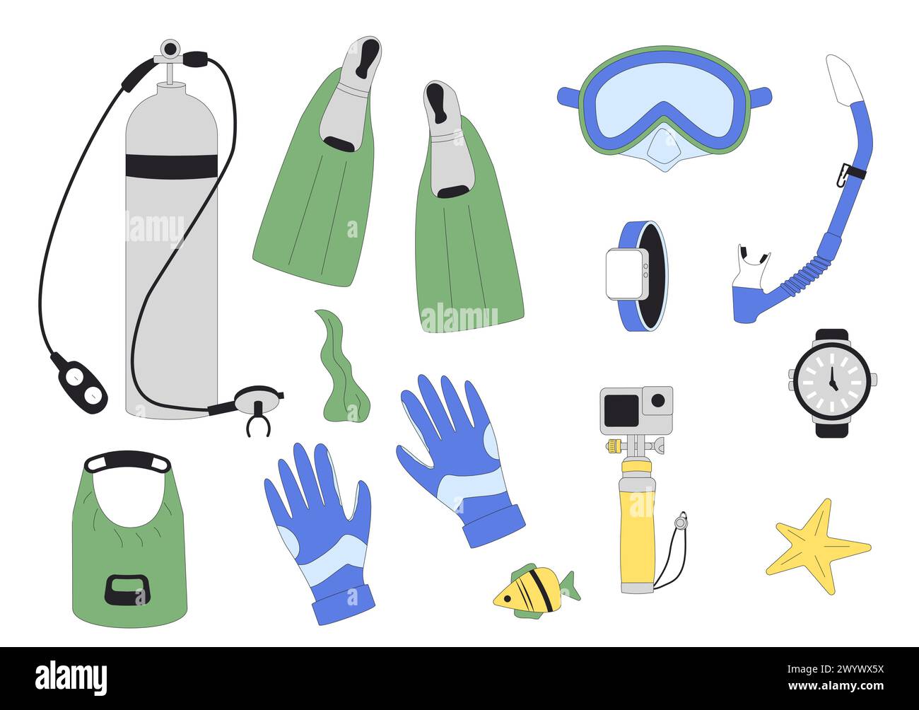 Set per immersioni. Maschere, bombole e attrezzature per immersioni e snorkeling. Sport subacqueo di snorkeling. Illustrazioni vettoriali d'arte a linee piatte isola Illustrazione Vettoriale