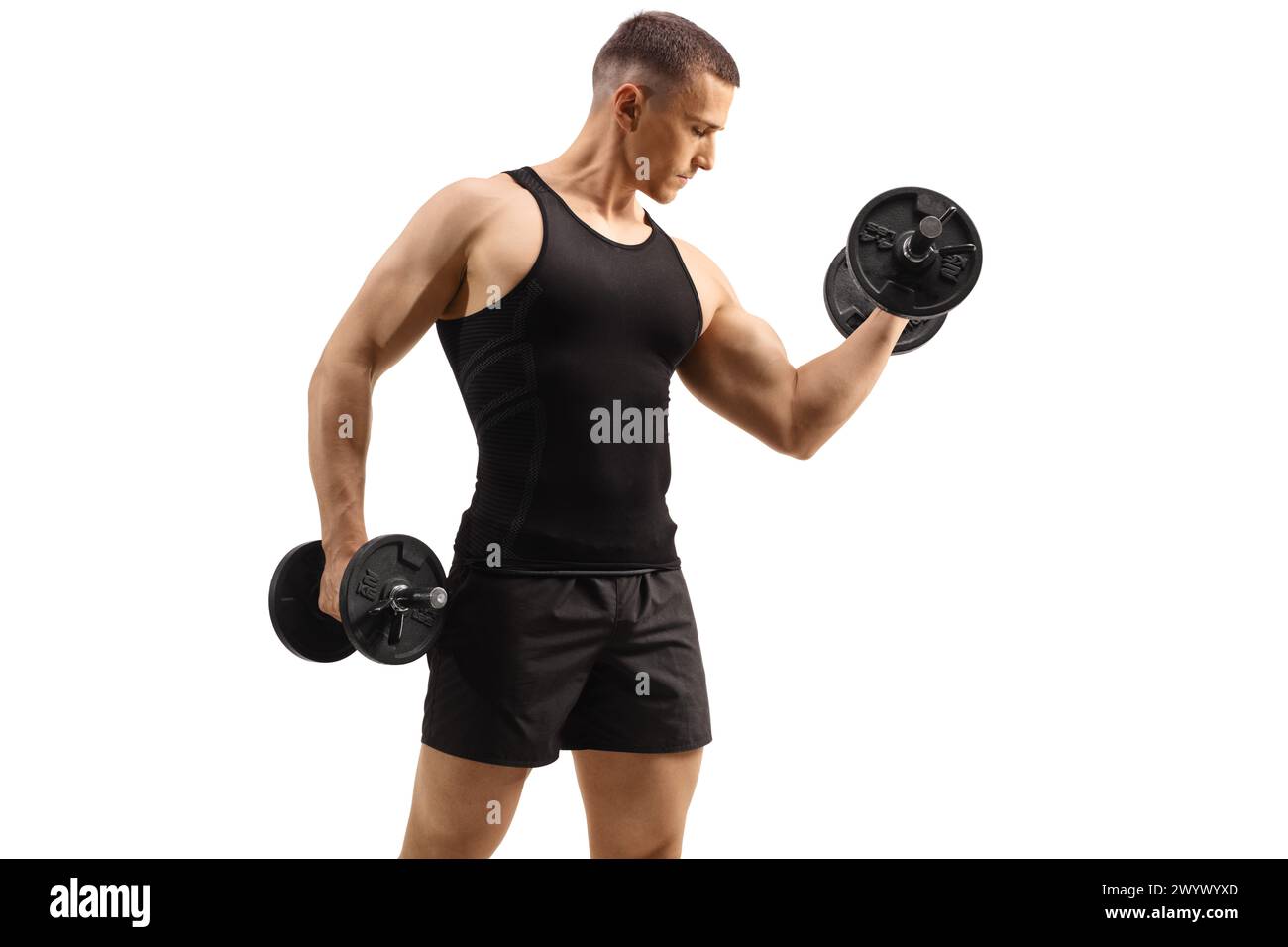 Uomo che pratica allenamento con pesi con un manubrio isolato su sfondo bianco, concetto di sport e fitness Foto Stock