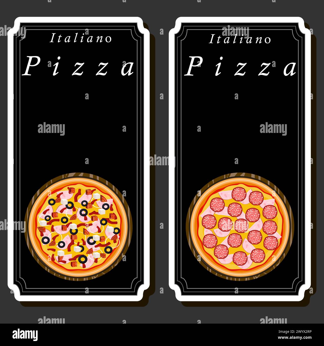 Illustrazione del menu a tema della grande pizza calda e gustosa, pizza italiana composta da vari ingredienti come impasto croccante al forno, pomodoro rosso, GE Illustrazione Vettoriale