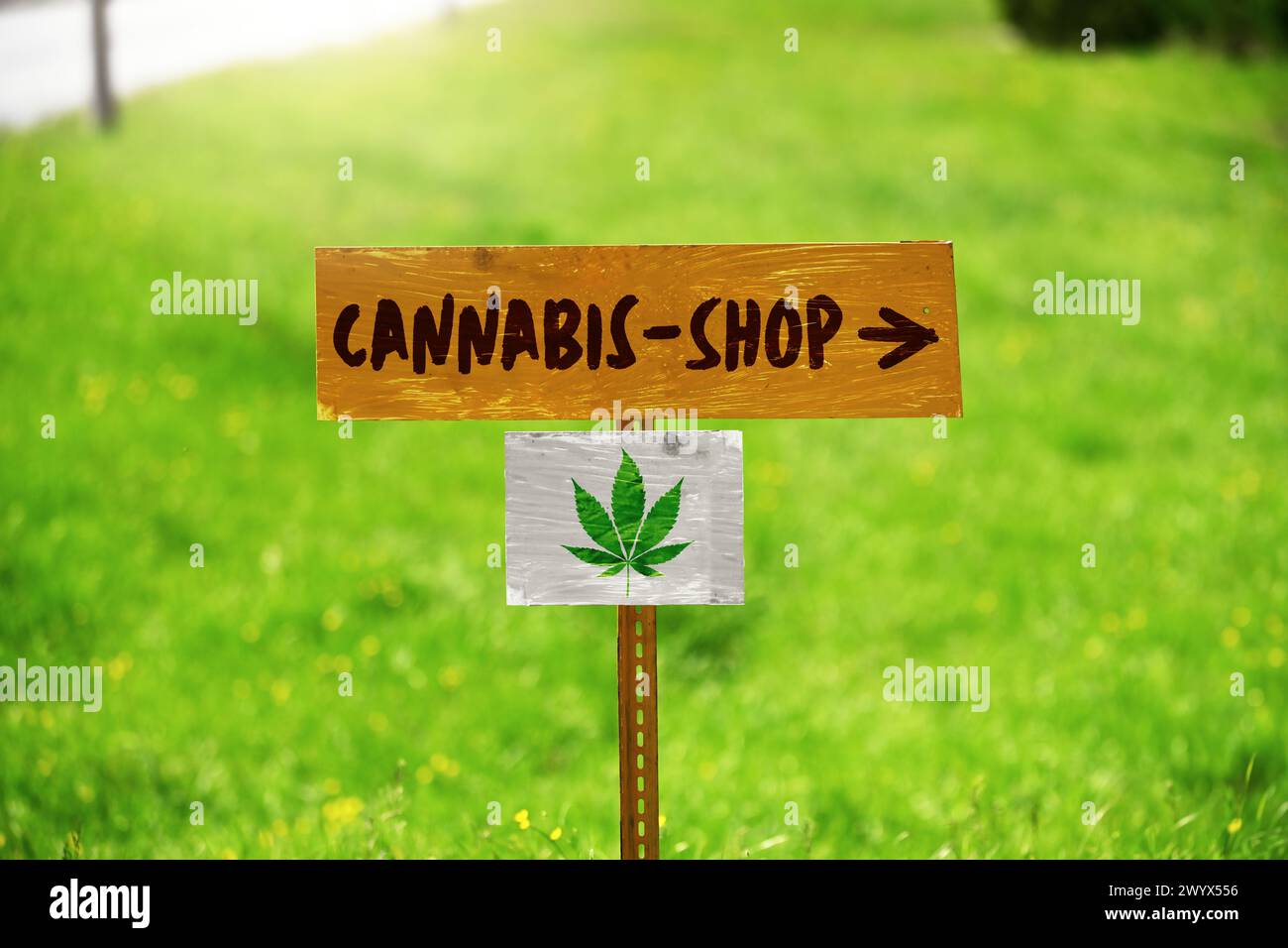 Cartello con foglia di canapa e iscrizione Cannabis Store, fotomontaggio Foto Stock