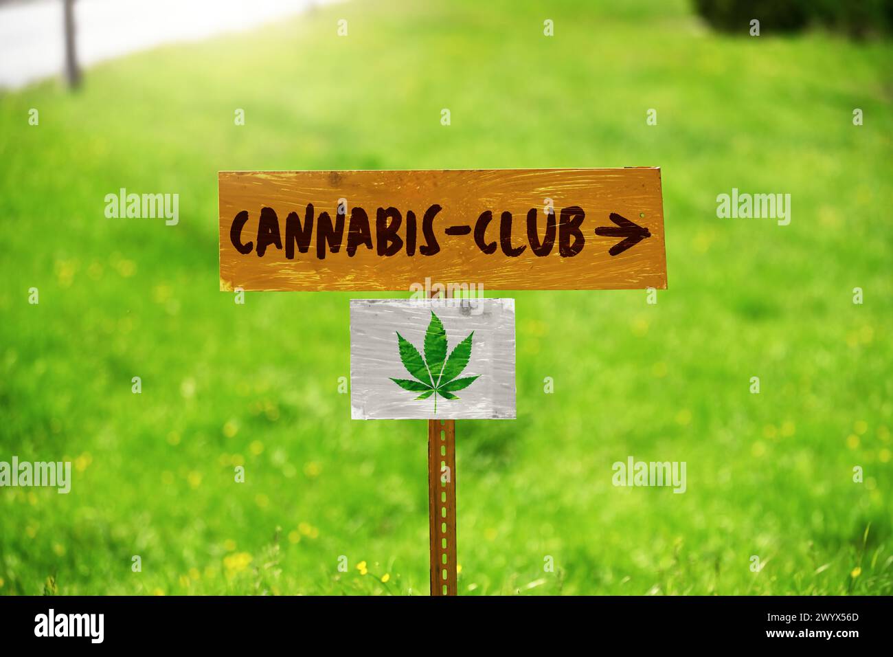 Cartello con iscrizione Hemp Leaf e Cannabis Club, fotomontaggio Foto Stock