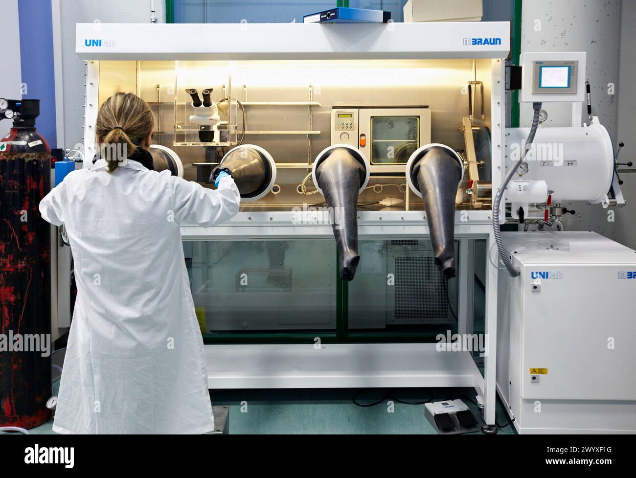 Preparazione dei campioni in atmosfera inerte, scatola a guanti per atmosfera controllata, stereo microscopio, laboratorio di sintesi, CIC nanoGUNE Nanoscience Cooperative Research Center, Donostia, Gipuzkoa, Euskadi, Spagna. Foto Stock