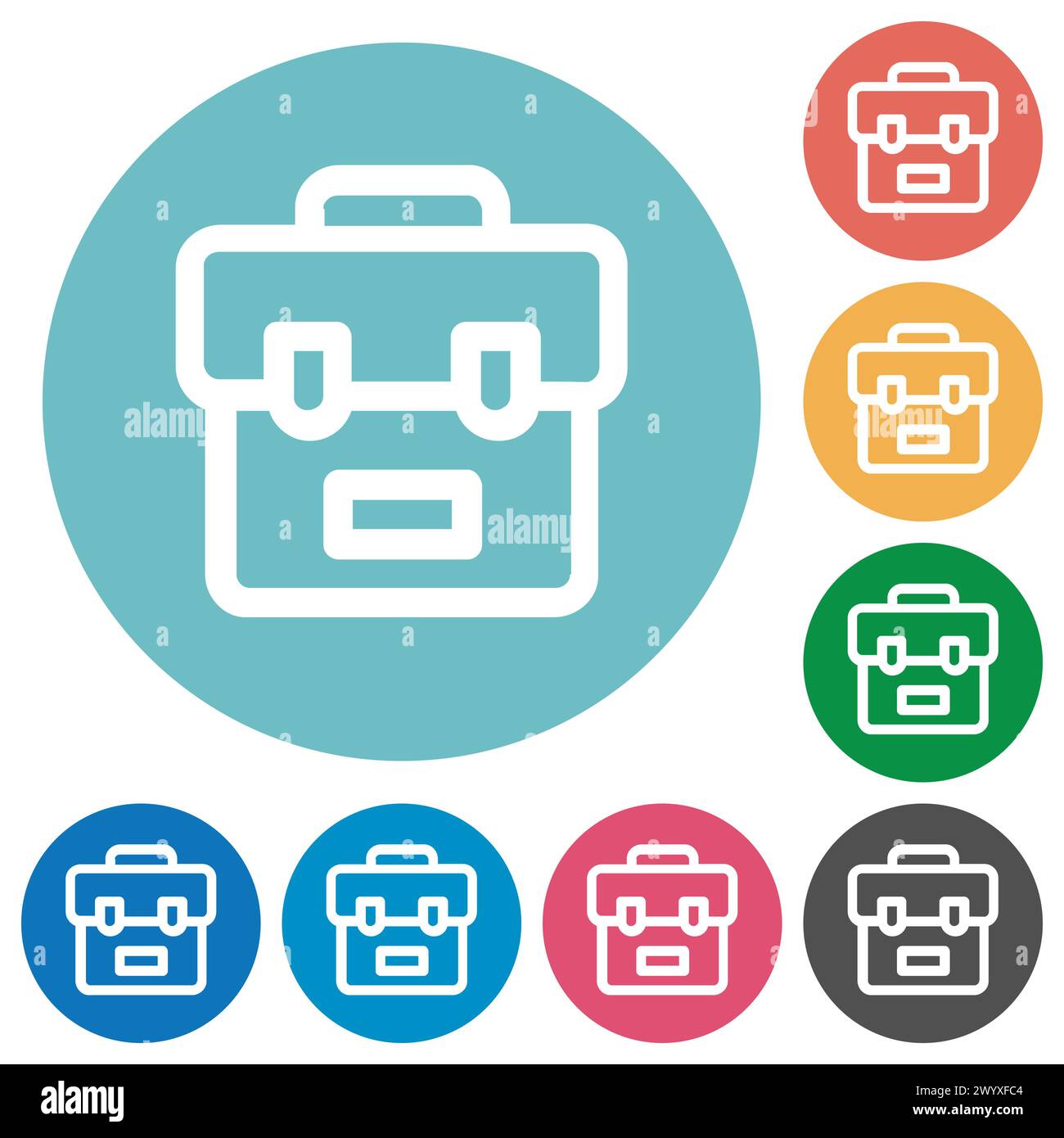 La borsa scolastica presenta icone bianche piatte su sfondi rotondi Illustrazione Vettoriale