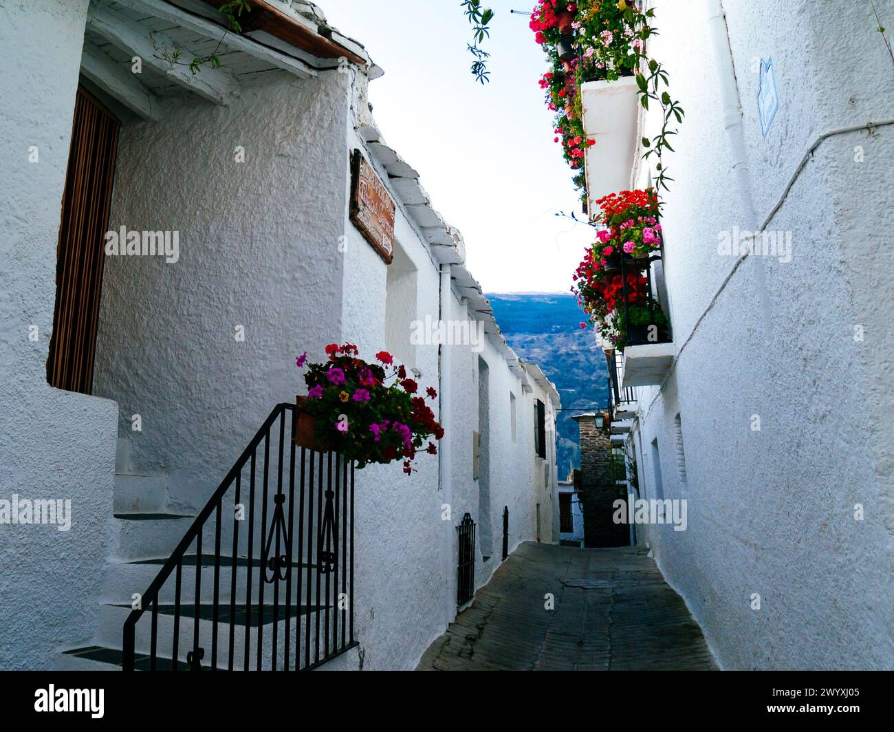 Strada nel pittoresco villaggio di Capileira, las Alpujarras, Granada, Andalucía, Spagna, Europa Foto Stock