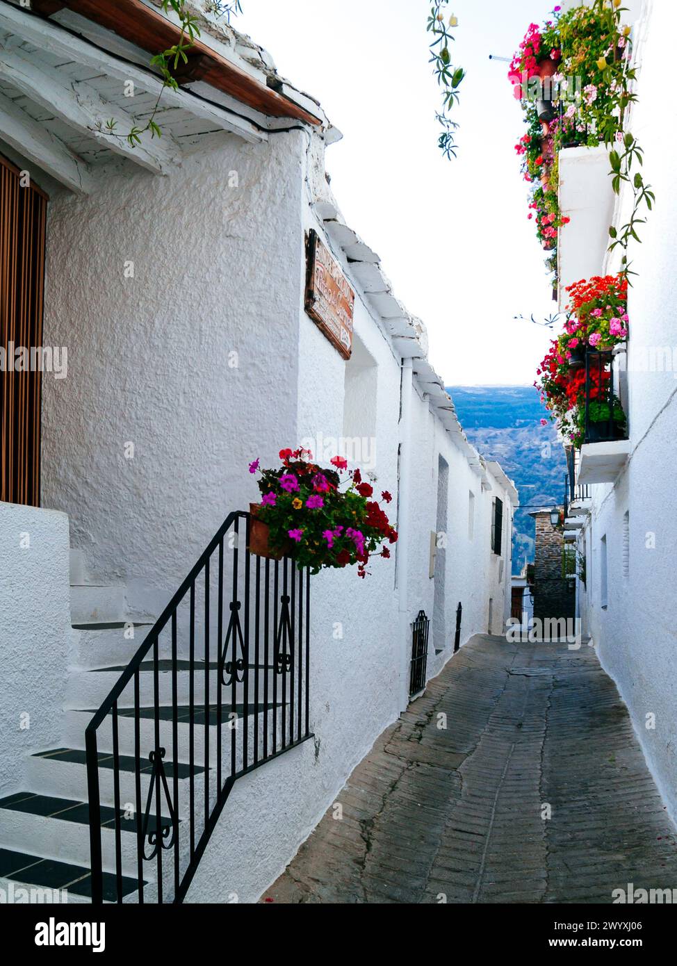Strada nel pittoresco villaggio di Capileira, las Alpujarras, Granada, Andalucía, Spagna, Europa Foto Stock