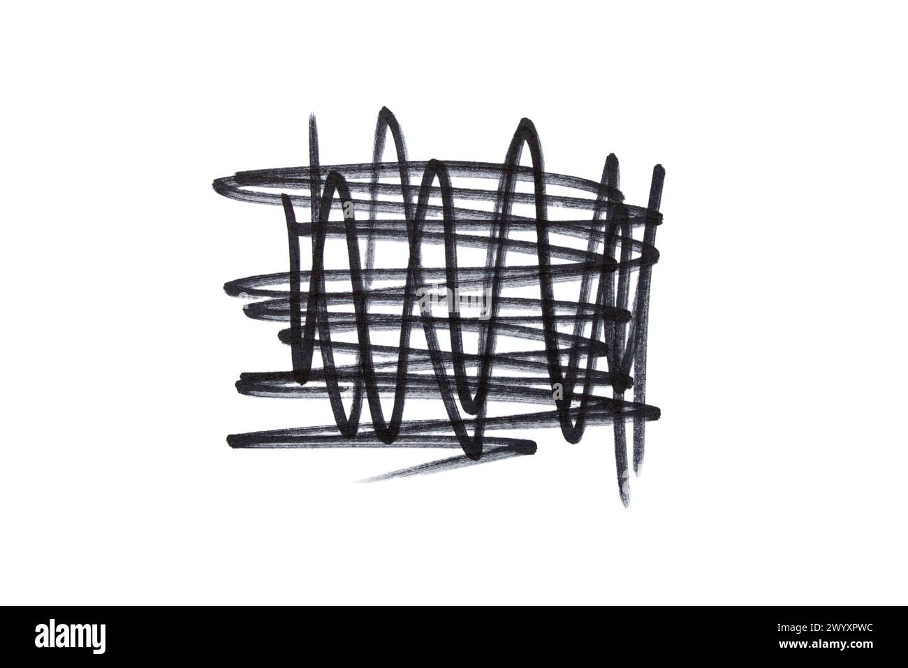 Le linee sottili nere vengono tracciate sia orizzontalmente che verticalmente con un pennarello nero su sfondo bianco, linee e disegni a mano libera Foto Stock
