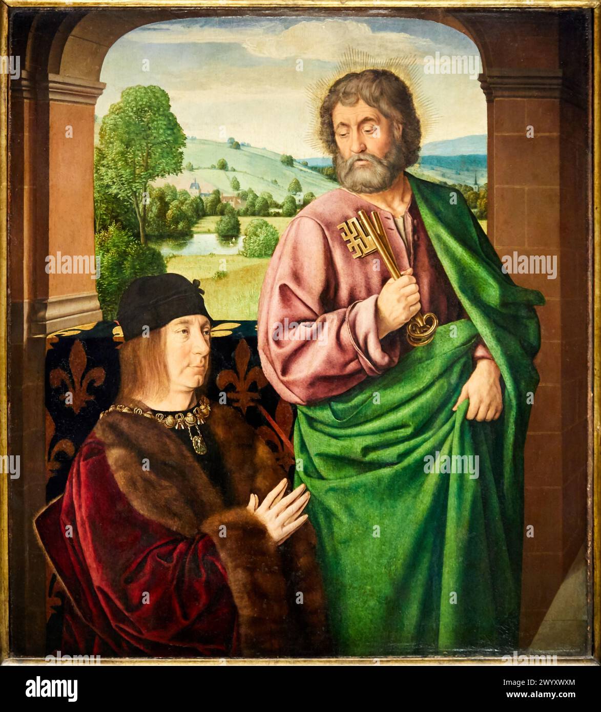 "Ritratto di Pierre II, signore di Beaujeu, duca di Borbone (1439-1503), presentato da San Pietro", 1492-1493, Jean HEY, identificato con il Maestro di Moulins, Musée du Louvre, Parigi, Francia, Europa. Foto Stock