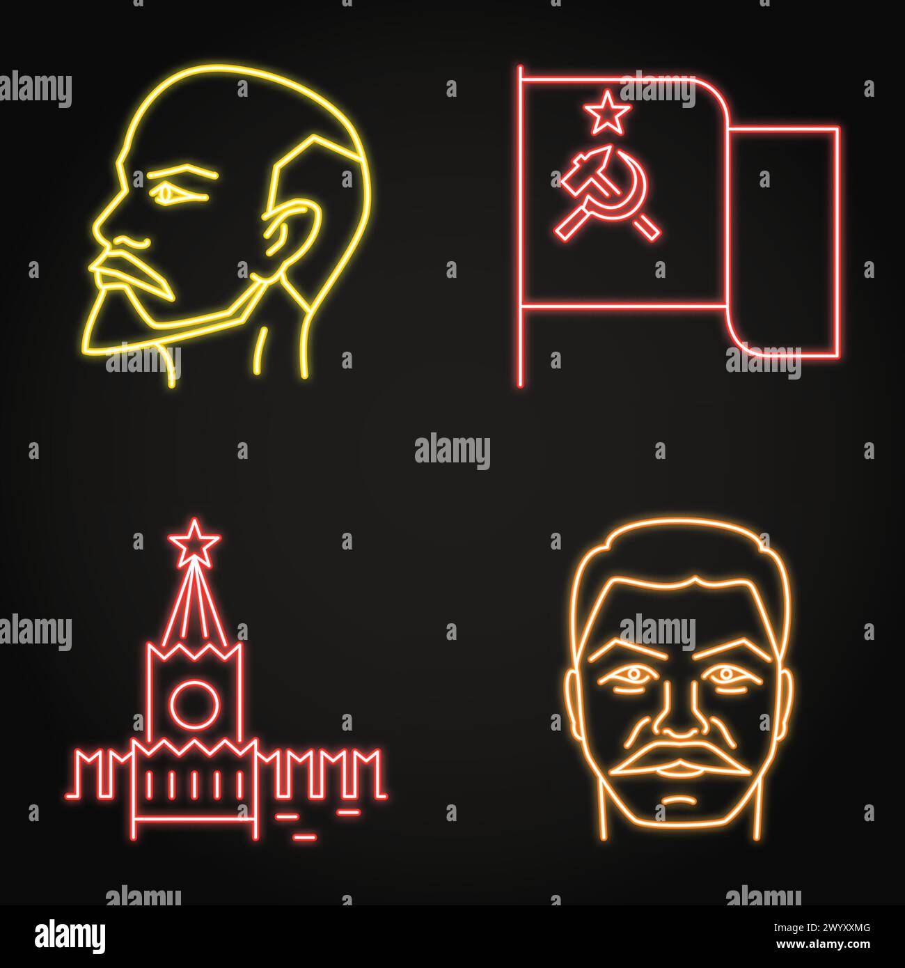 Set di icone al neon dei simboli dell'URSS. Leader comunisti russi, bandiera sovietica e torre del Cremlino. Illustrazione vettoriale. Illustrazione Vettoriale