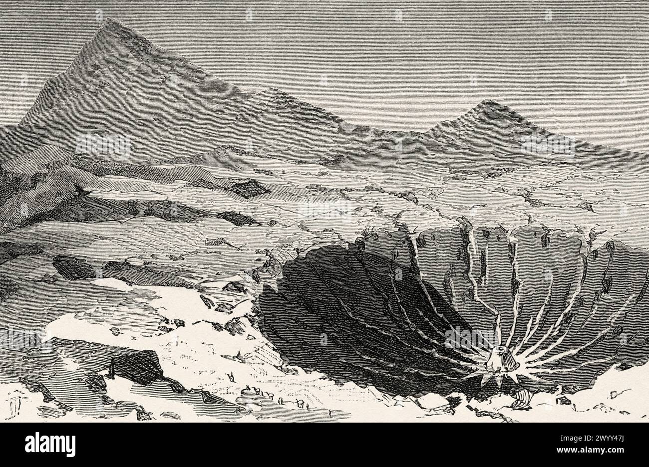 La Trou au Natron o Doon Orei è una caldera vulcanica del massiccio del Tibesti, regione del Tibesti, Ciad, Africa. Disegno di Ivan Pranishnikoff (1841 - 1909) due mesi a Tibesti, episodi da viaggi in Africa 1869-1873 di Dr. Gustav Hermann Nachtigal (1834 - 1885) le Tour du Monde 1880 Foto Stock