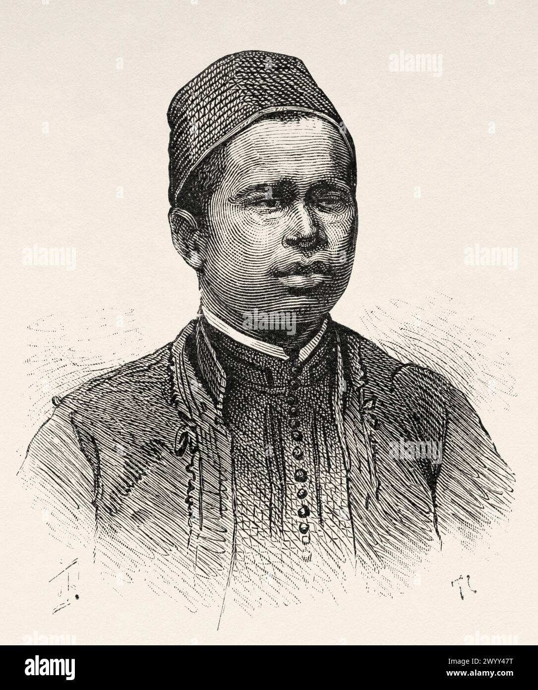 Vecchio portait del giovane schiavo Mohammedou, Africa centrale. Disegno di Ivan Pranishnikoff (1841 - 1909) viaggio da Borno a Baguirmi 1872 del Dr. Gustav Hermann Nachtigal (1834 - 1885) le Tour du Monde 1880 Foto Stock