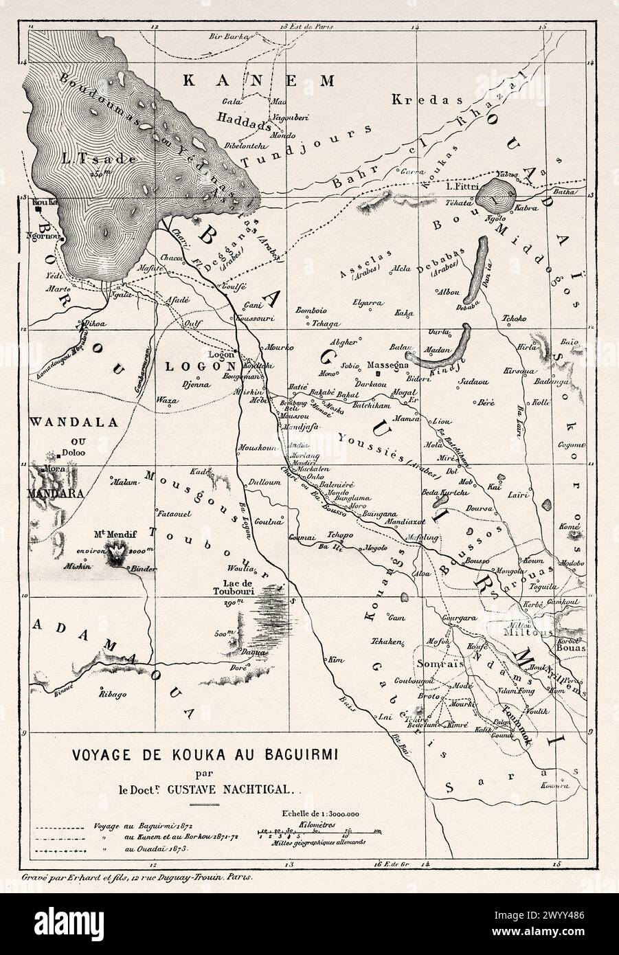 Mappa del viaggio del dottor Gustav Hermann Nachtigal, Africa centrale. Disegno di Ivan Pranishnikoff (1841 - 1909) viaggio da Borno a Baguirmi 1872 del Dr. Gustav Hermann Nachtigal (1834 - 1885) le Tour du Monde 1880 Foto Stock