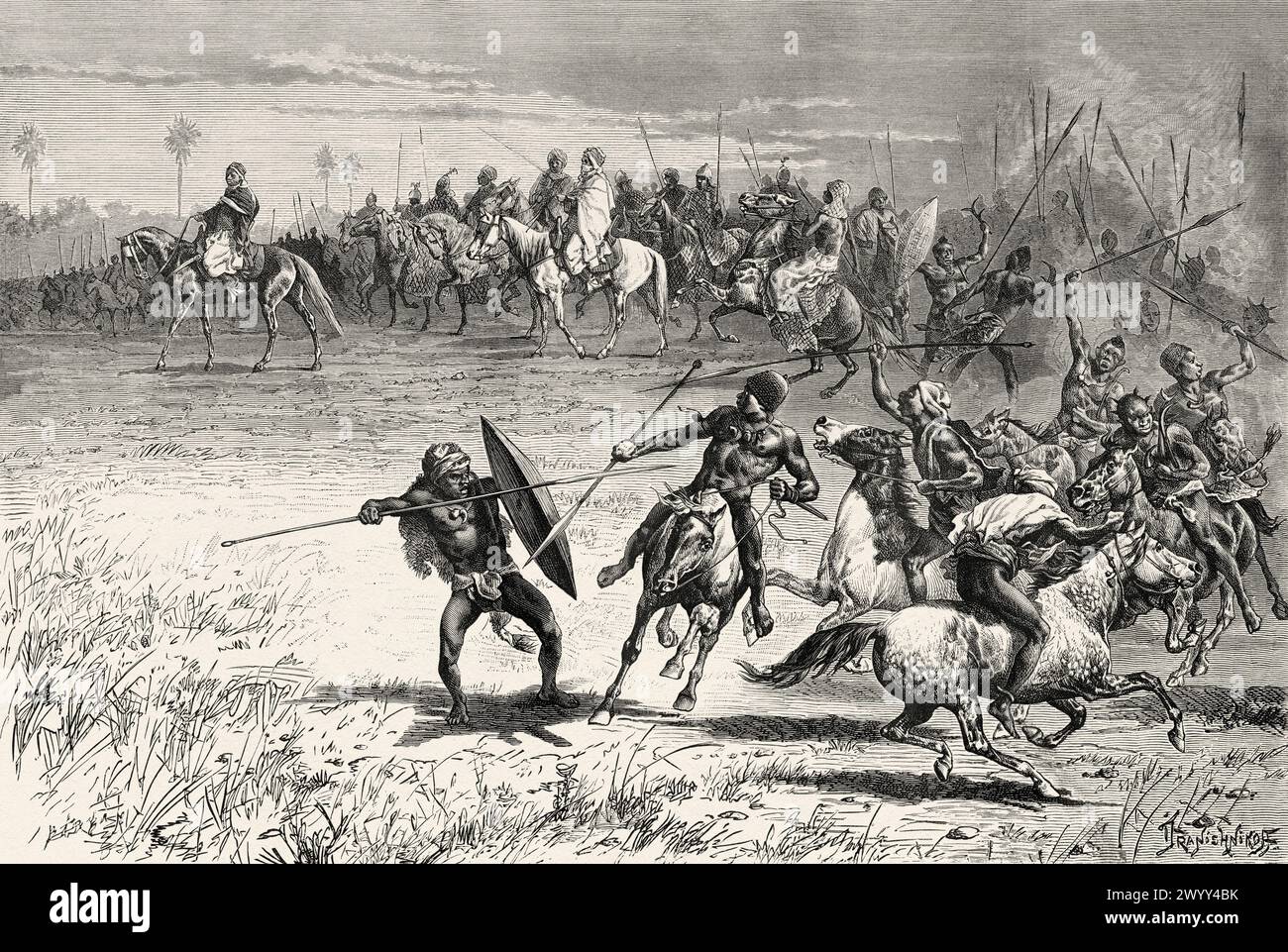 Esercito del re Mbang Mohammedou, villaggio di Massenya. Regno di Baguirmi, Ciad. Africa centrale. Disegno di Ivan Pranishnikoff (1841 - 1909) viaggio da Borno a Baguirmi 1872 del Dr. Gustav Hermann Nachtigal (1834 - 1885) le Tour du Monde 1880 Foto Stock