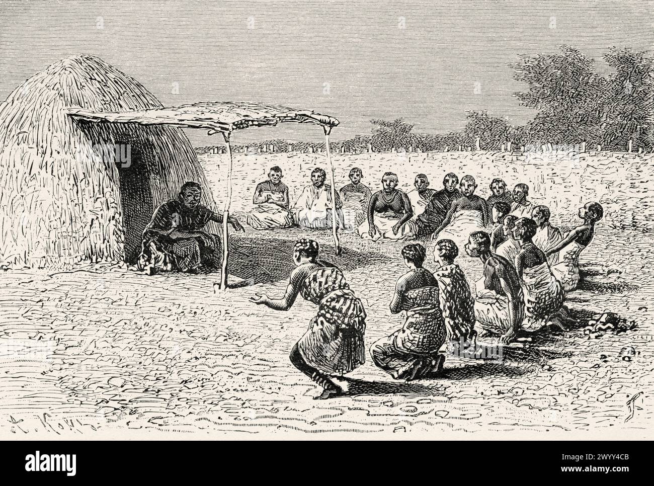 Donne vedove, villaggio di Massenya. Regno di Baguirmi, Ciad. Africa centrale. Disegno di Ivan Pranishnikoff (1841 - 1909) viaggio da Borno a Baguirmi 1872 del Dr. Gustav Hermann Nachtigal (1834 - 1885) le Tour du Monde 1880 Foto Stock