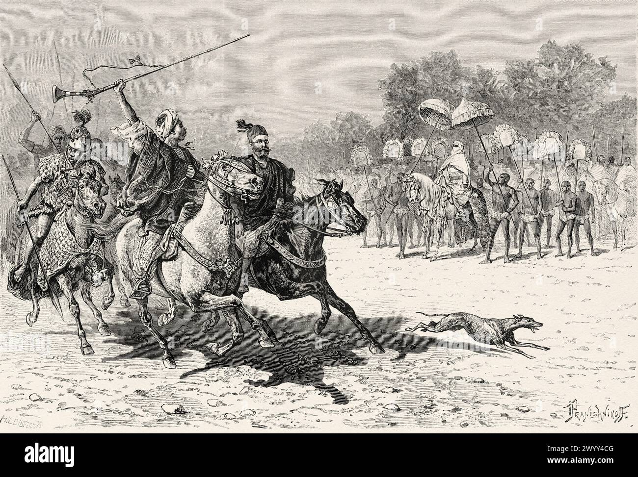 Re Mbang Mohammedou esamina le sue truppe, il villaggio di Massenya. Regno di Baguirmi, Ciad, Africa. Africa centrale. Disegno di Ivan Pranishnikoff (1841 - 1909) viaggio da Borno a Baguirmi 1872 del Dr. Gustav Hermann Nachtigal (1834 - 1885) le Tour du Monde 1880 Foto Stock