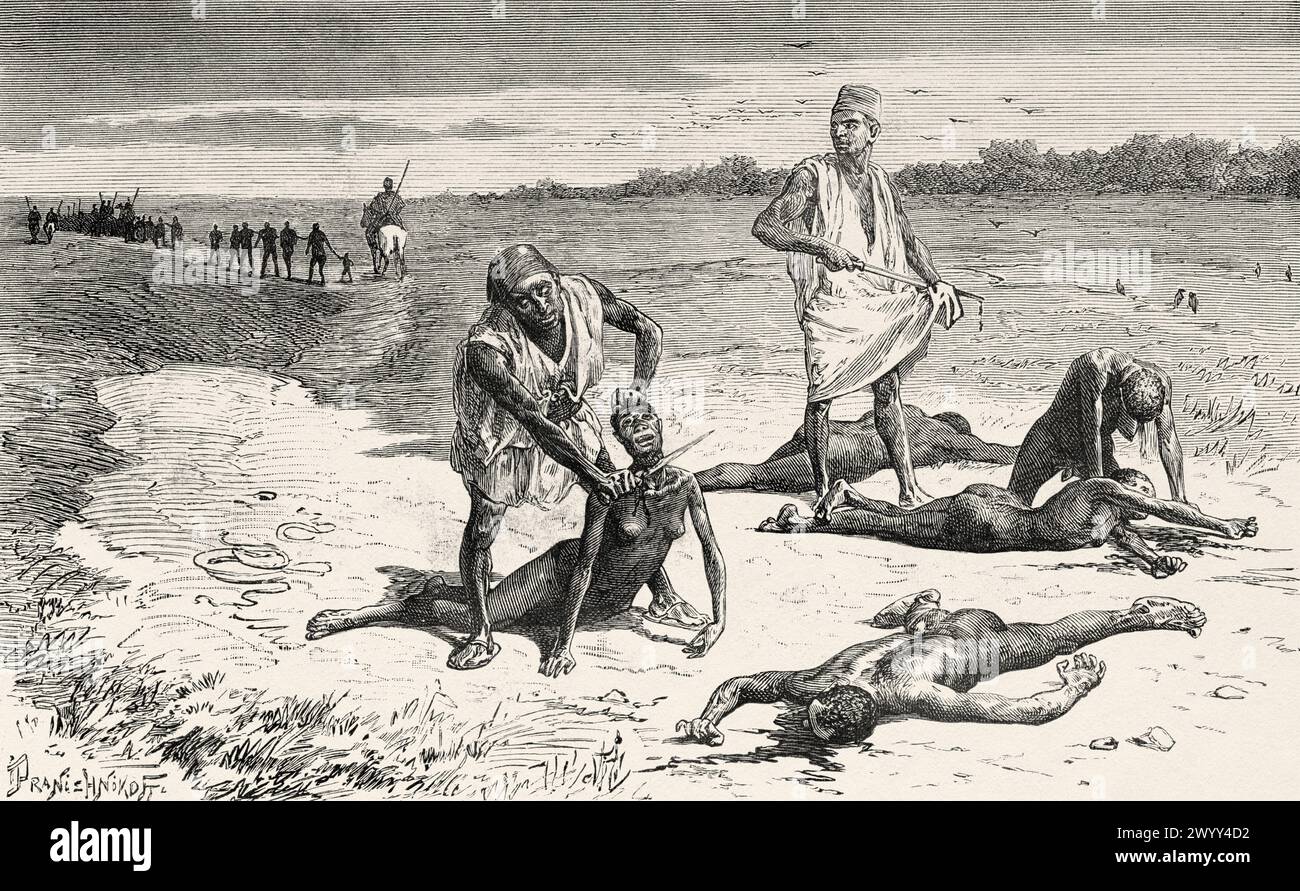 Tagliando la gola a schiavi malati che non possono seguire la carovana, Ciad. Africa centrale. Disegno di Ivan Pranishnikoff (1841 - 1909) viaggio da Borno a Baguirmi 1872 del Dr. Gustav Hermann Nachtigal (1834 - 1885) le Tour du Monde 1880 Foto Stock