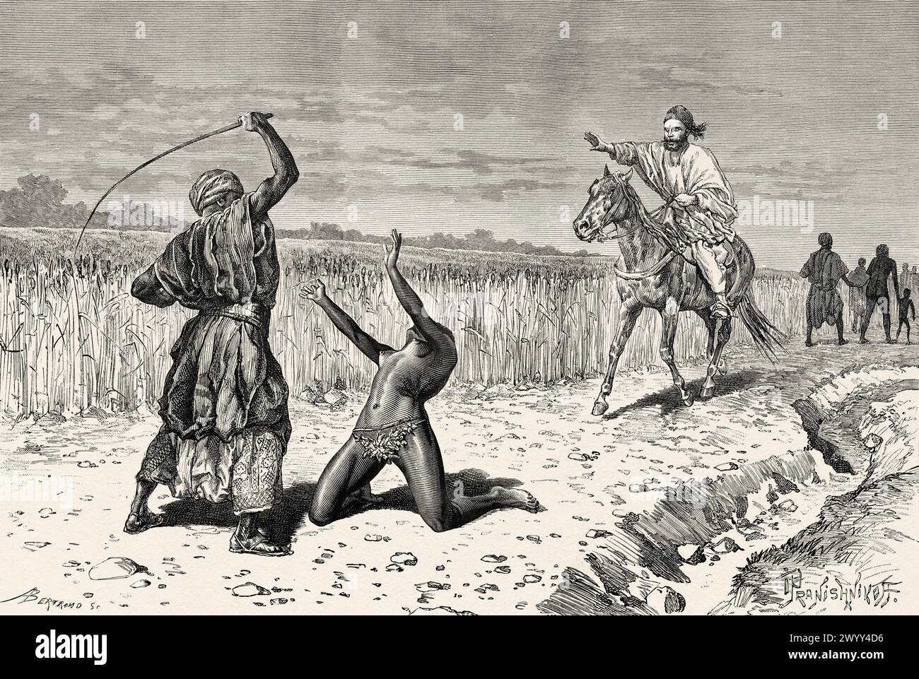 Il dottor Gustav Hermann salva uno schiavo dal frullare, Chad. Africa centrale. Disegno di Ivan Pranishnikoff (1841 - 1909) viaggio da Borno a Baguirmi 1872 del Dr. Gustav Hermann Nachtigal (1834 - 1885) le Tour du Monde 1880 Foto Stock