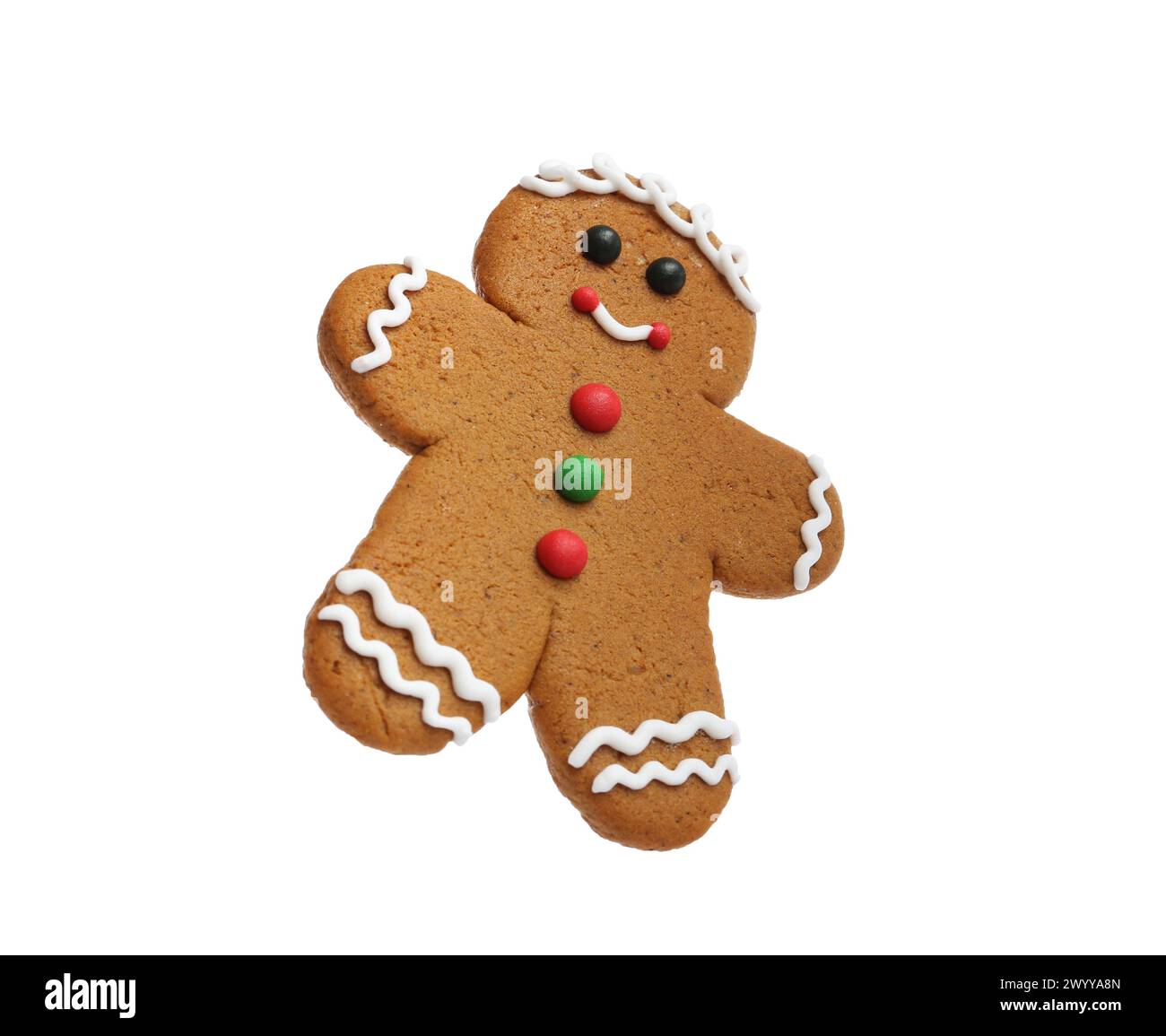 Biscotto di Natale a forma di uomo di pan di zenzero isolato su bianco Foto Stock