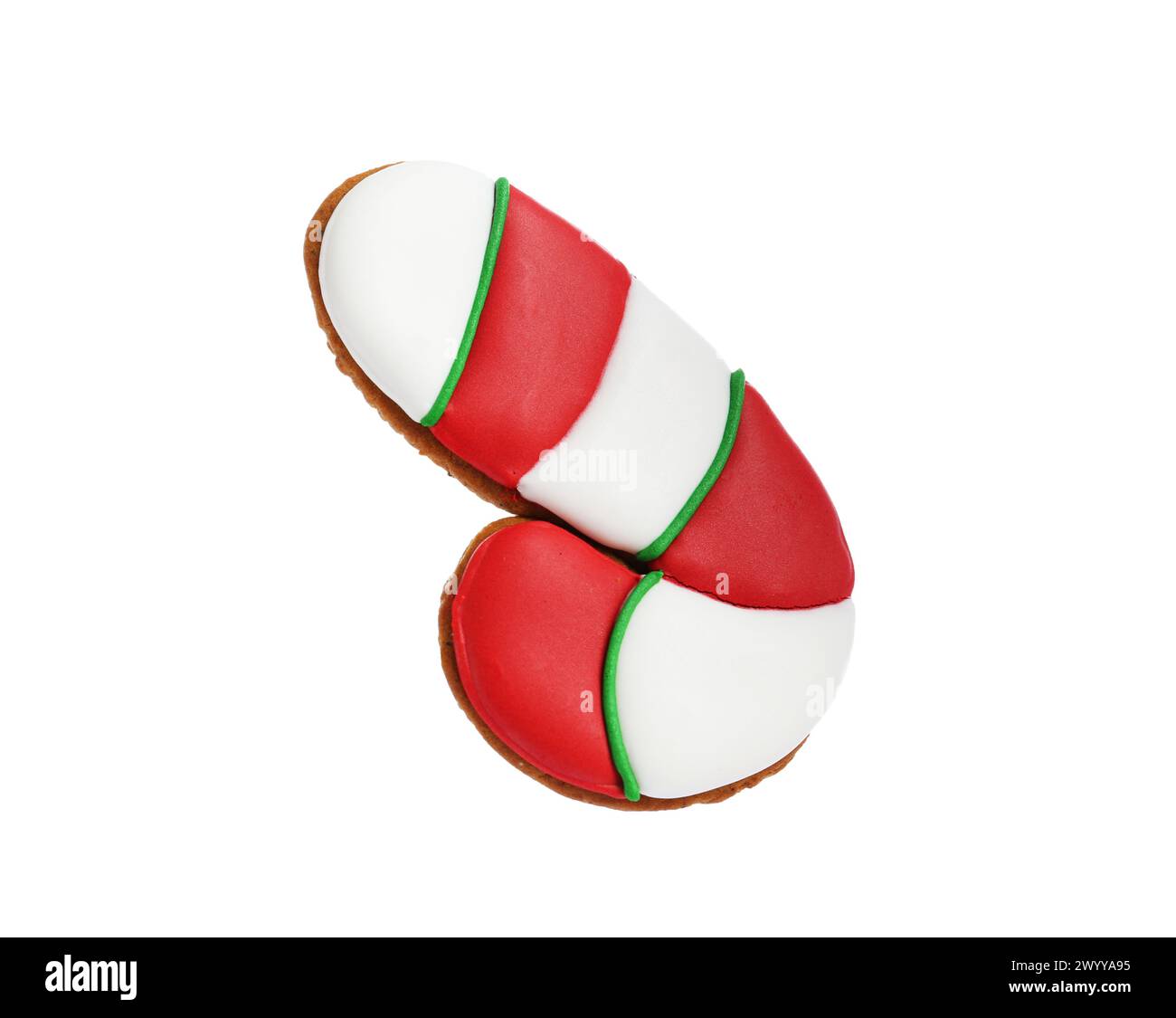 Biscotto natalizio a forma di canna da zucchero isolata su bianco Foto Stock