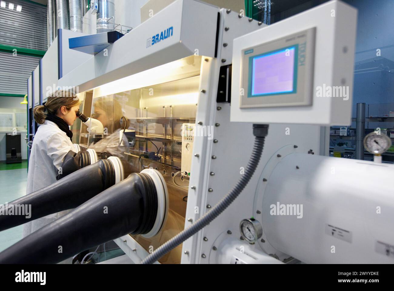 Preparazione dei campioni in atmosfera inerte, scatola a guanti per atmosfera controllata, stereo microscopio, laboratorio di sintesi, CIC nanoGUNE Nanoscience Cooperative Research Center, Donostia, Gipuzkoa, Euskadi, Spagna. Foto Stock